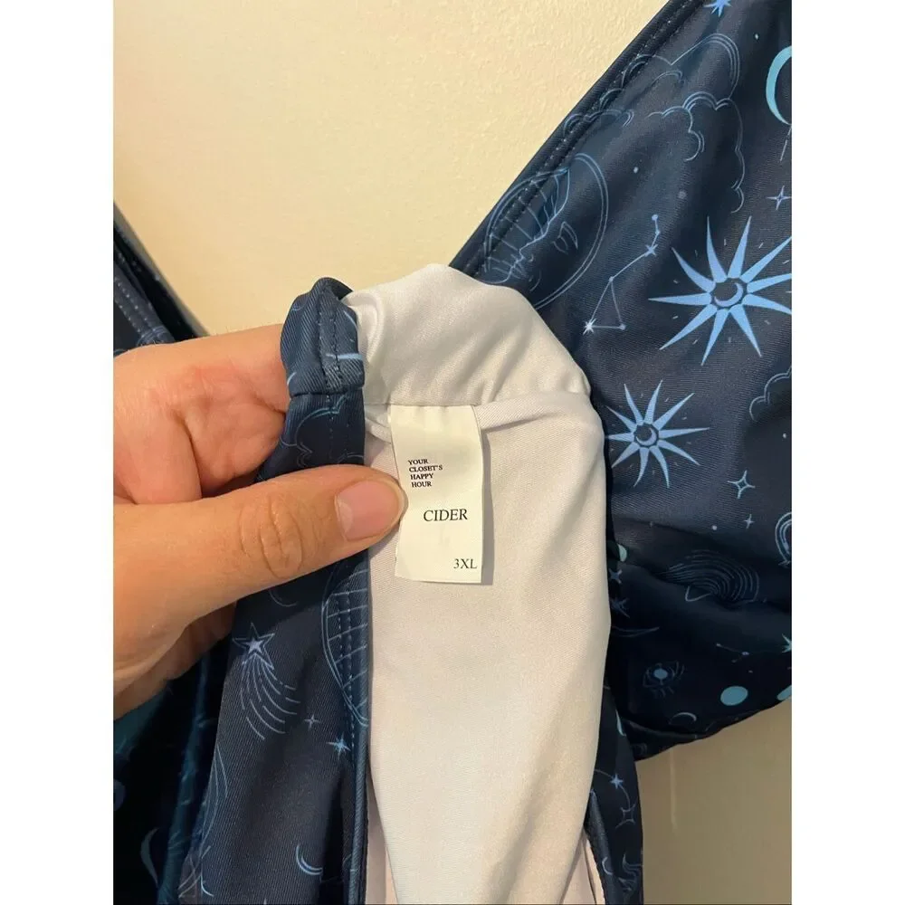 Cider Celestial Celestial Moon Star Print One Piece Swimsuit Ruched Blue Plus 3X